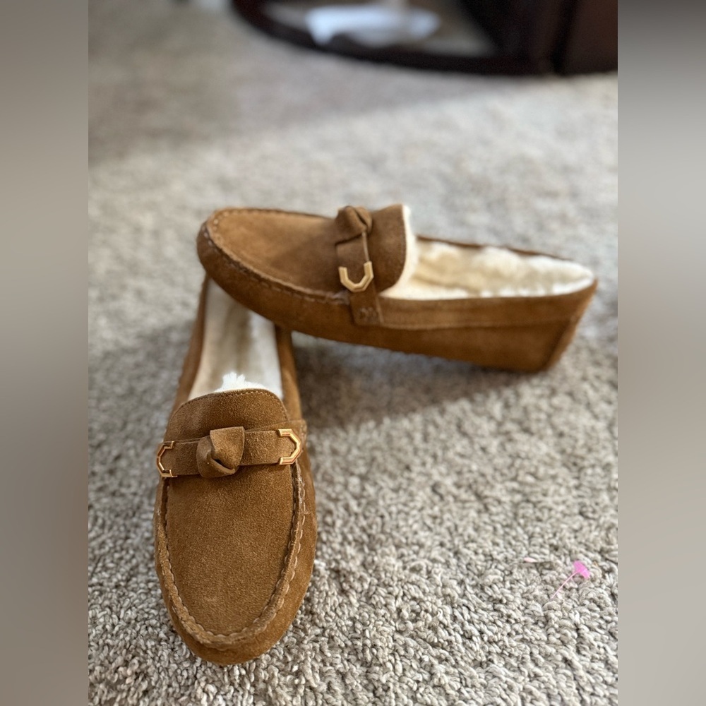 Cole Haan Women’s Evelyn Bow Driver Brown Suede Loafers with Gold Accent